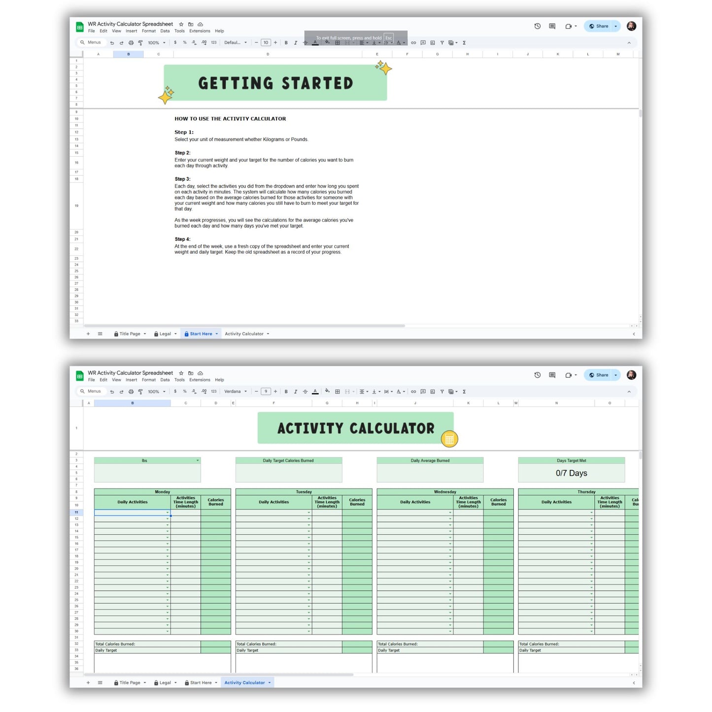 Activity Calculator Spreadsheet Template
