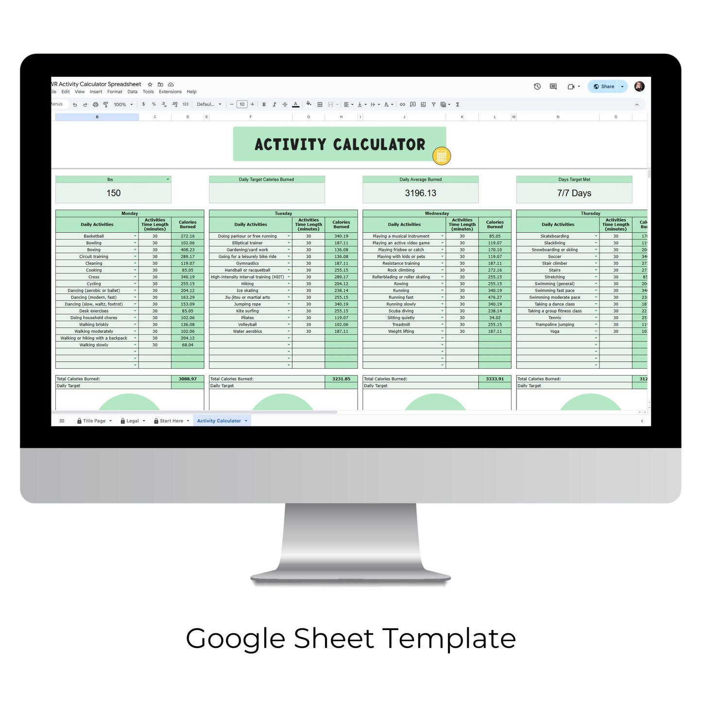 Activity Calculator Spreadsheet Template