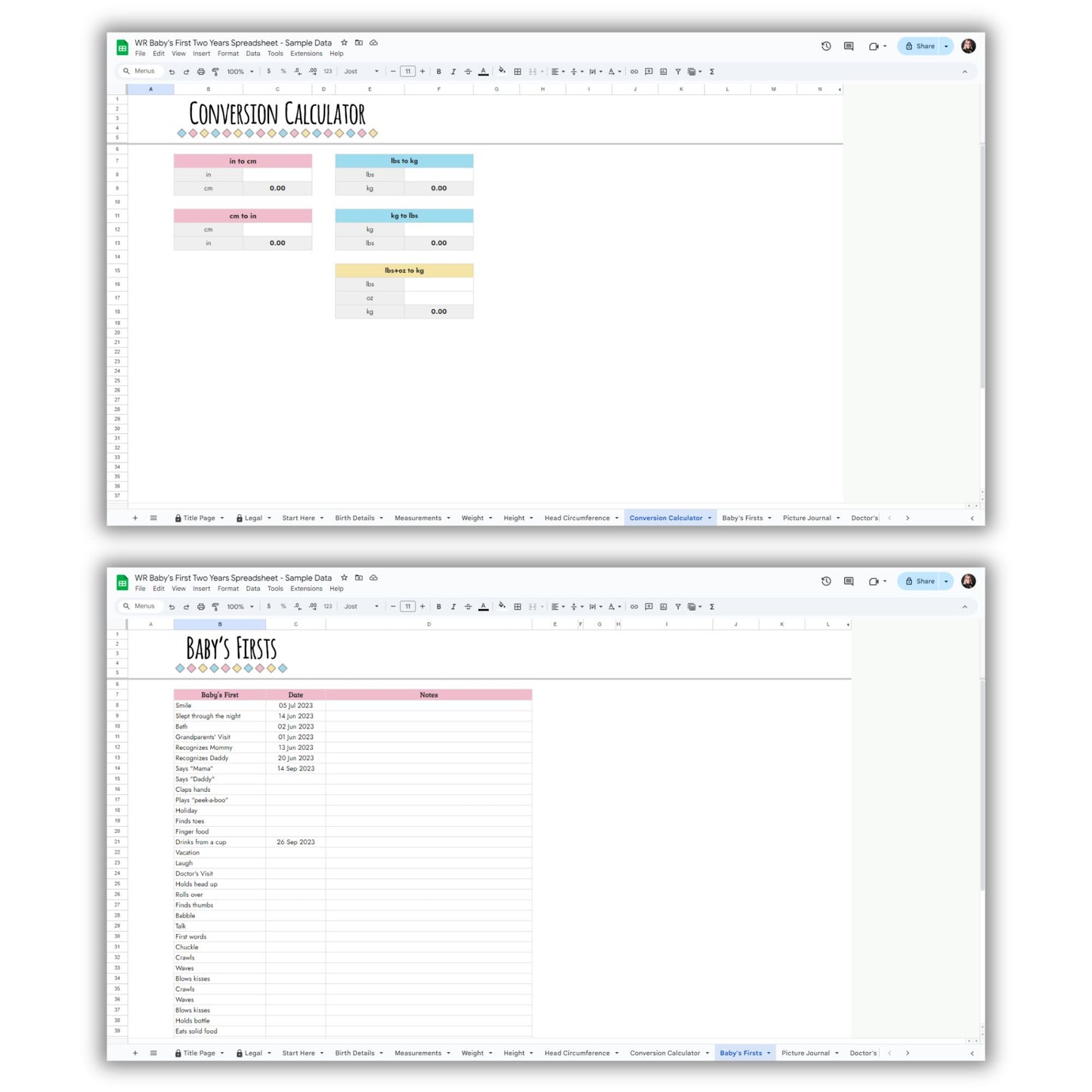 Baby's First Two Years Spreadsheet Template