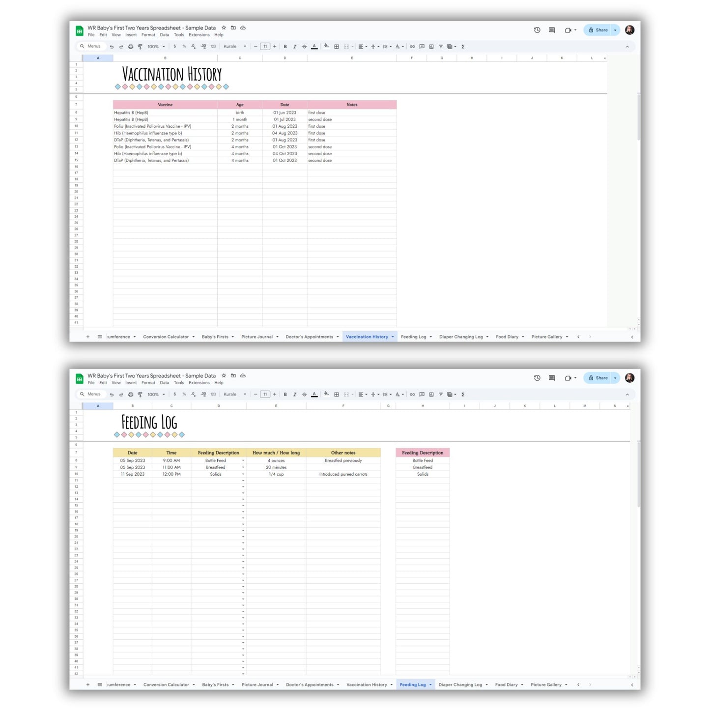 Baby's First Two Years Spreadsheet Template
