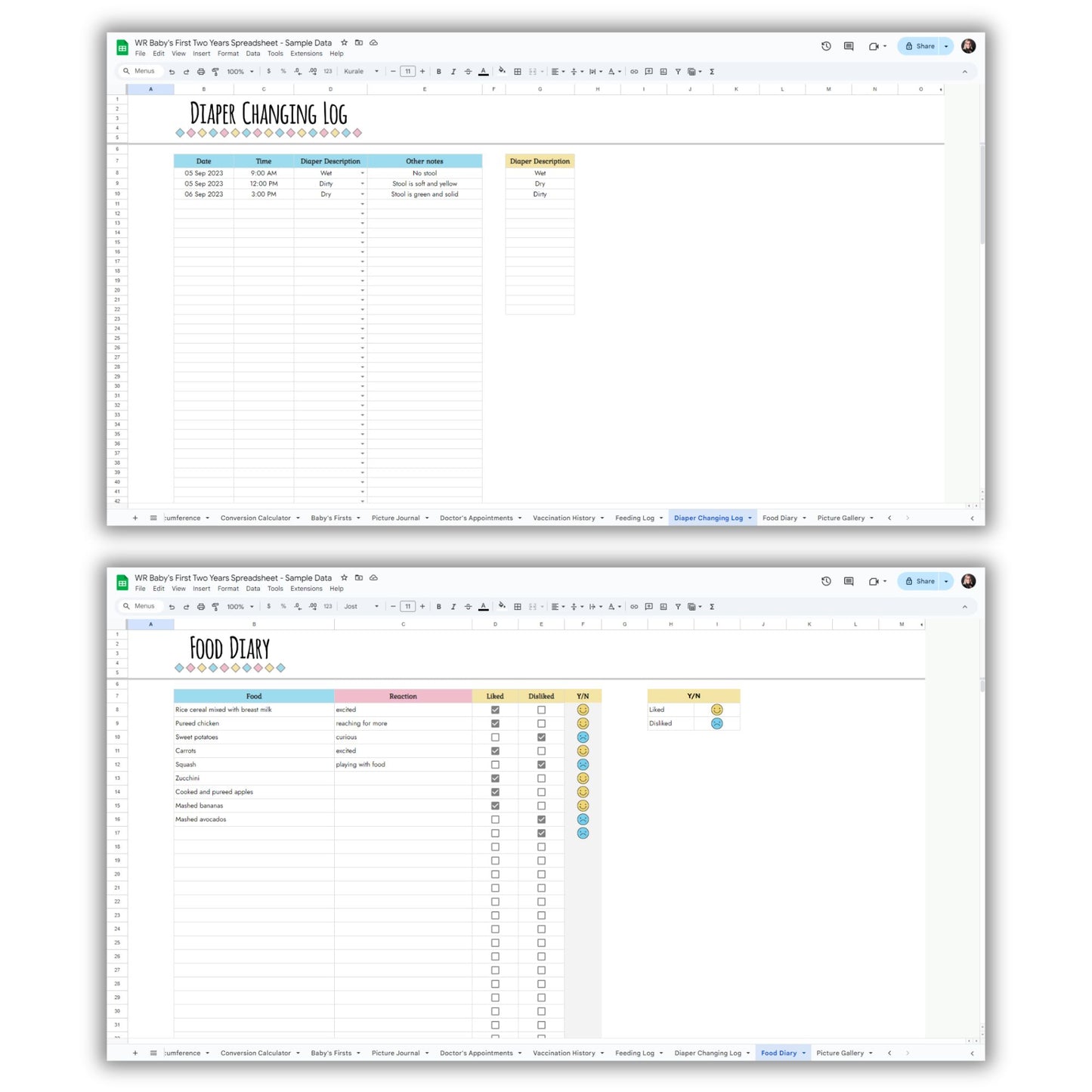 Baby's First Two Years Spreadsheet Template