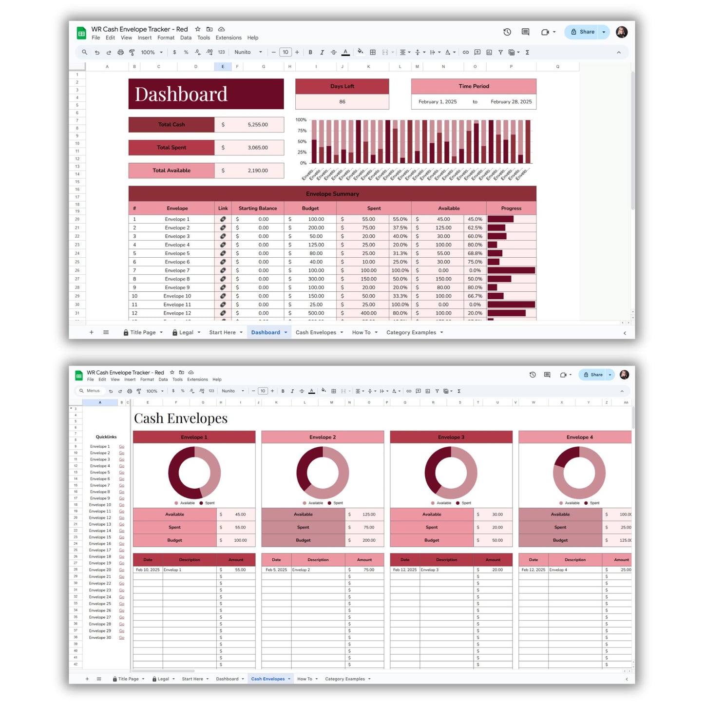 Cash Envelop Tracker Spreadsheet Template