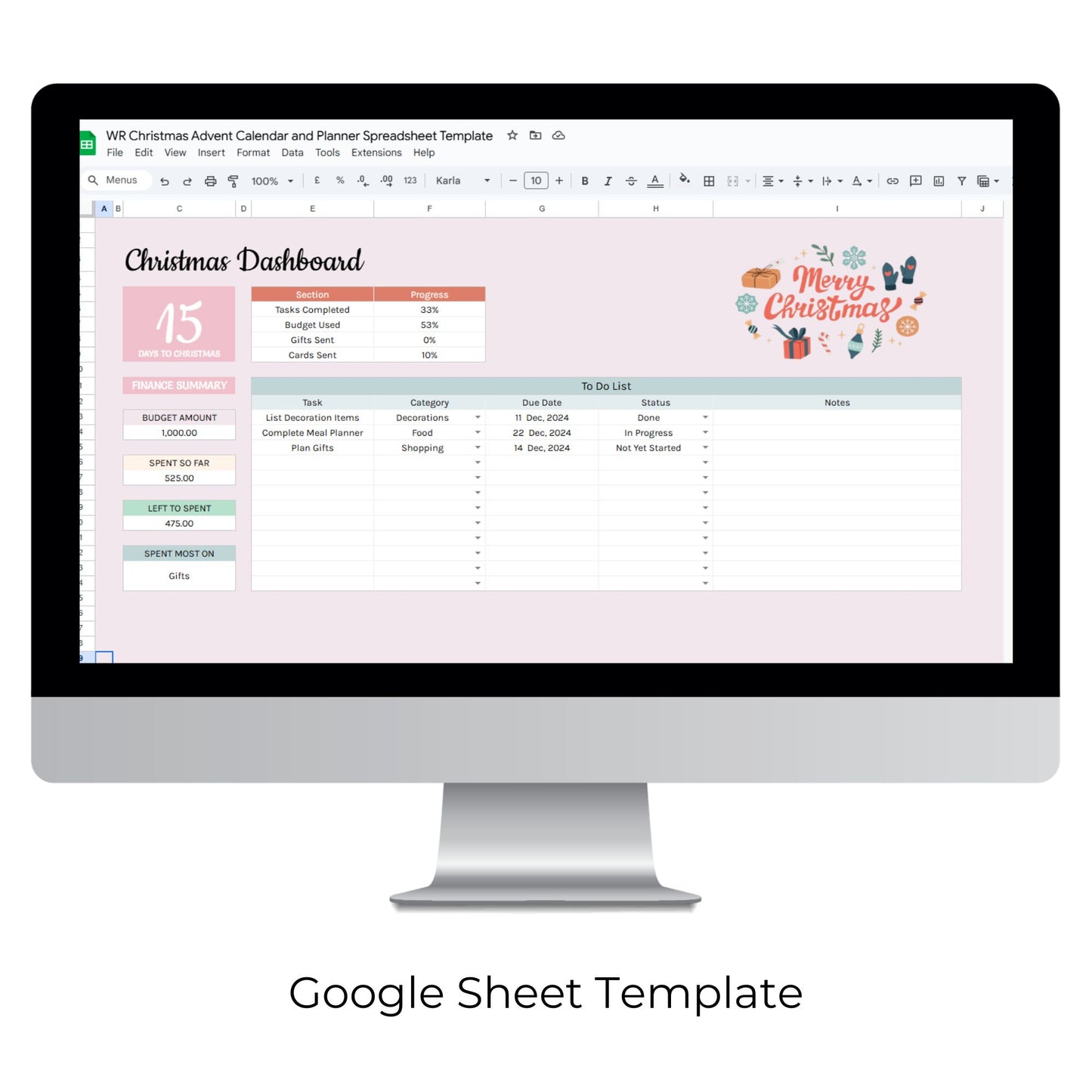 Christmas Advent Calendar and Planner Spreadsheet Template