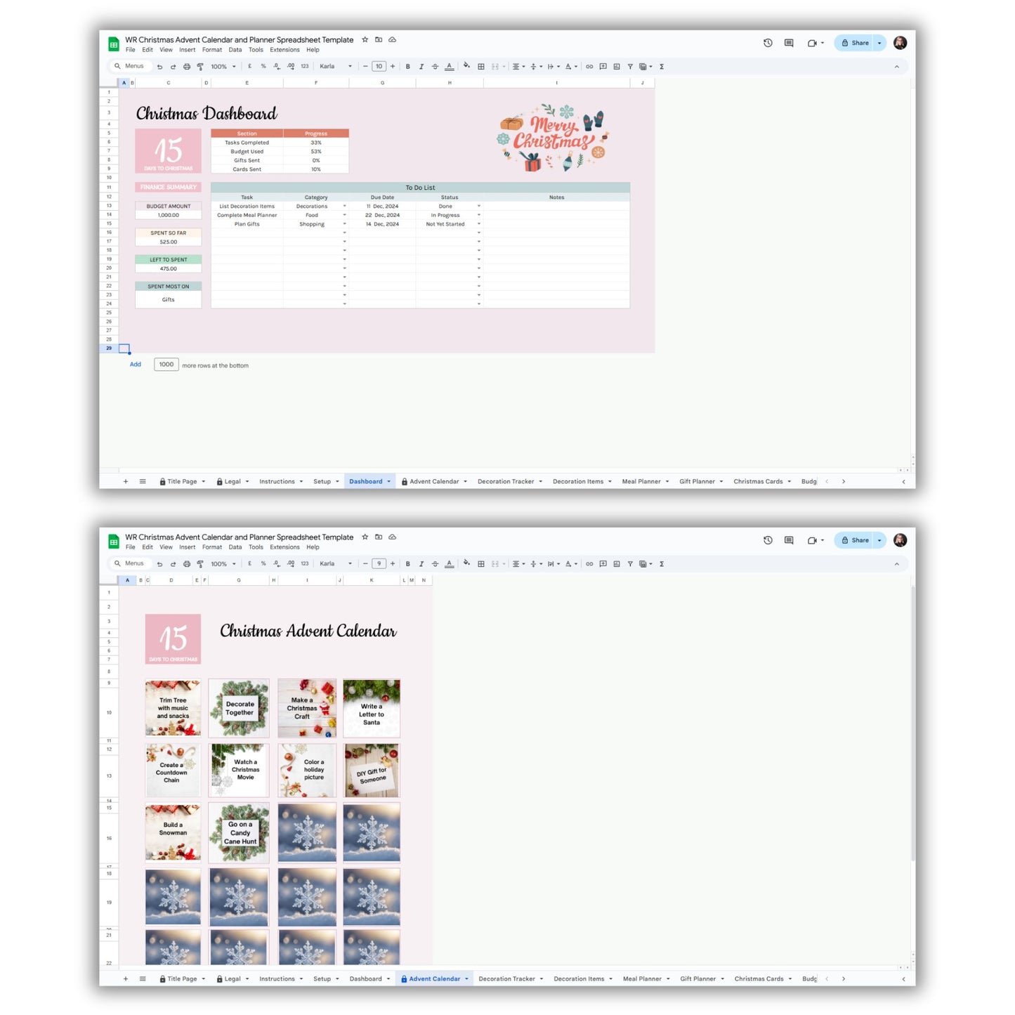 Christmas Advent Calendar and Planner Spreadsheet Template