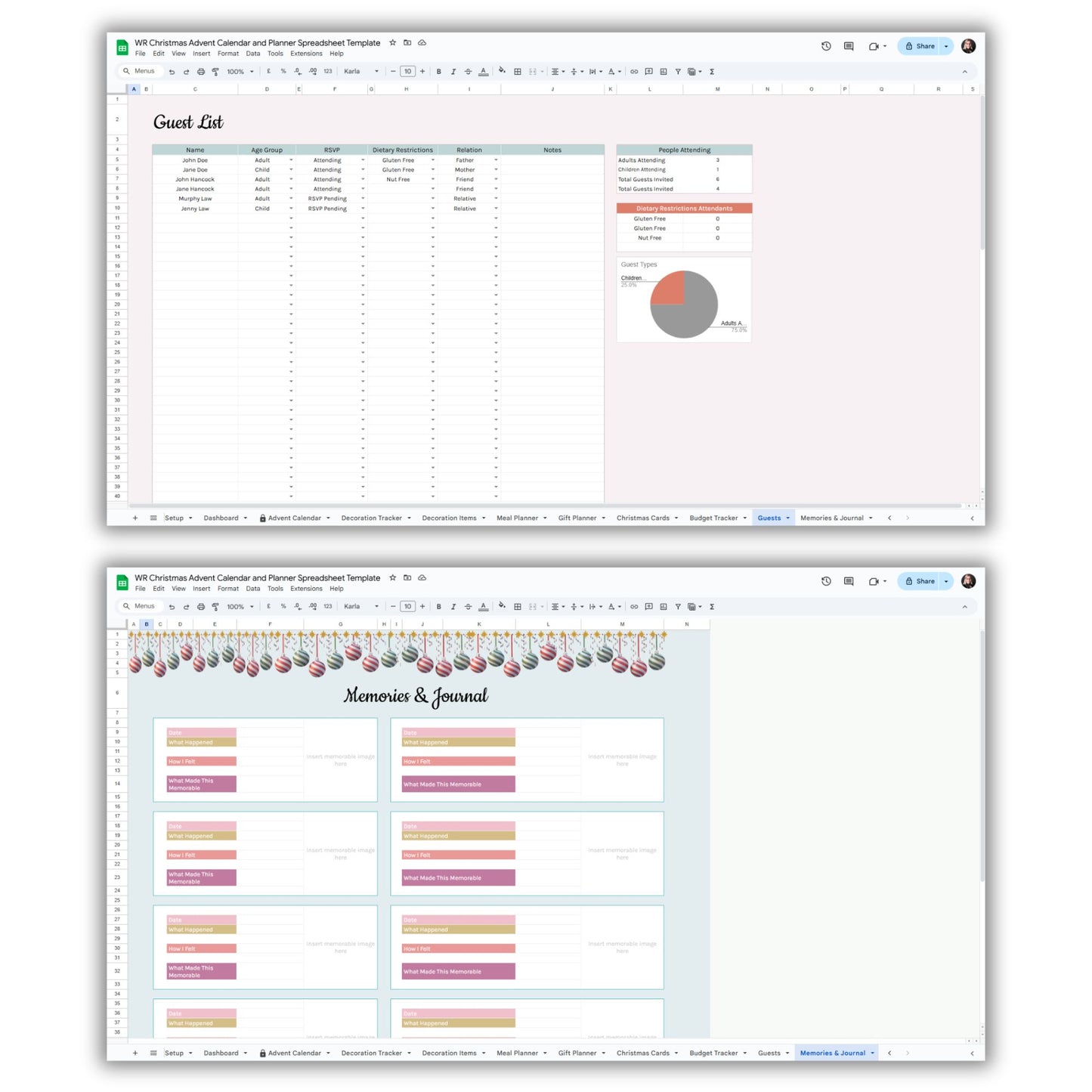 Christmas Advent Calendar and Planner Spreadsheet Template