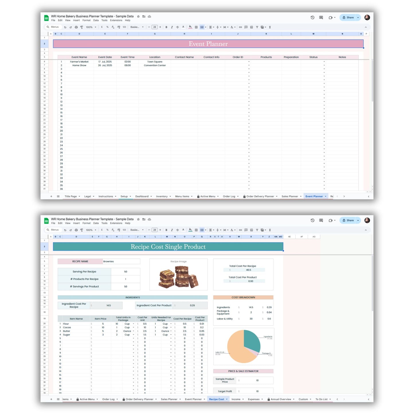 Home Bakery Business Planner Spreadsheet Template