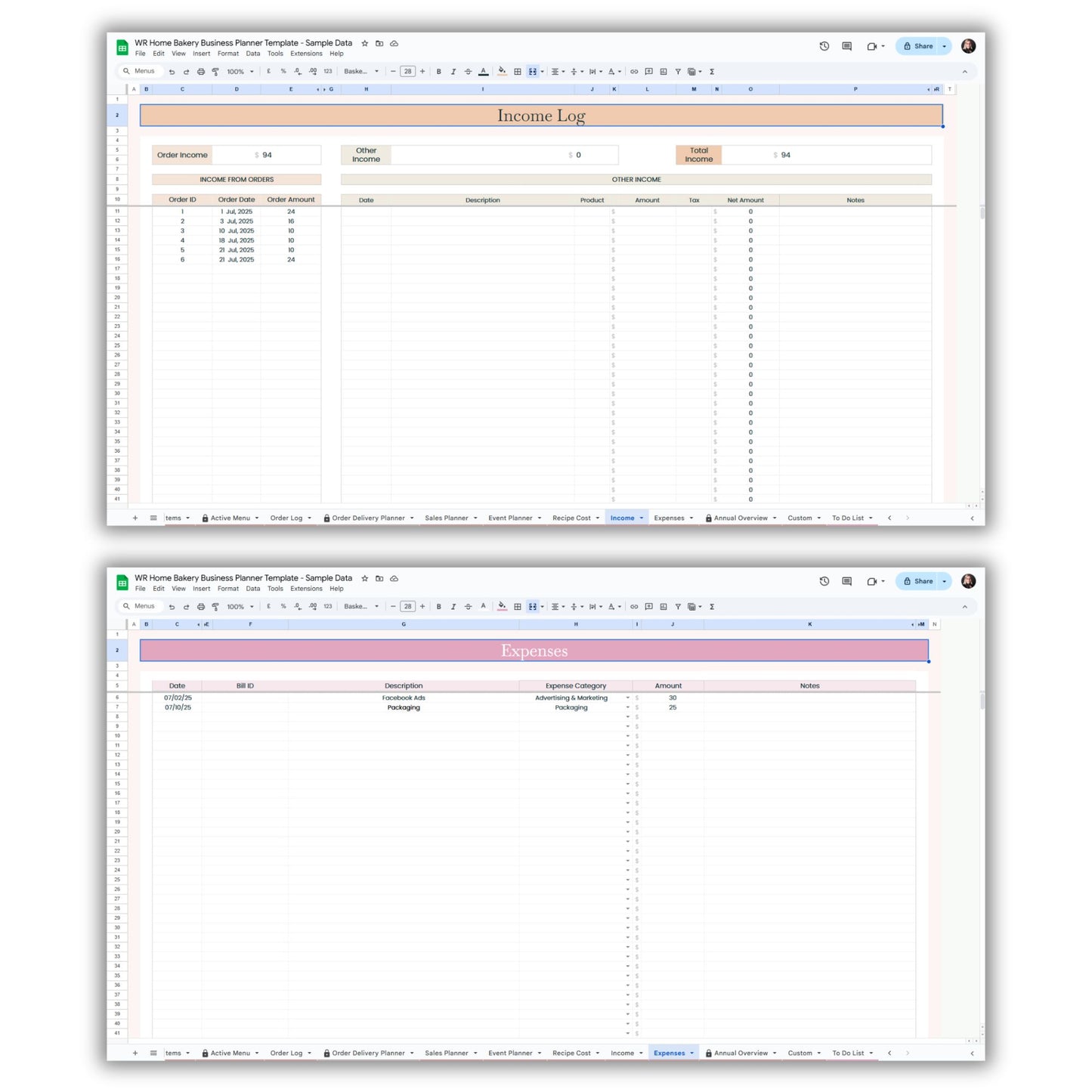 Home Bakery Business Planner Spreadsheet Template