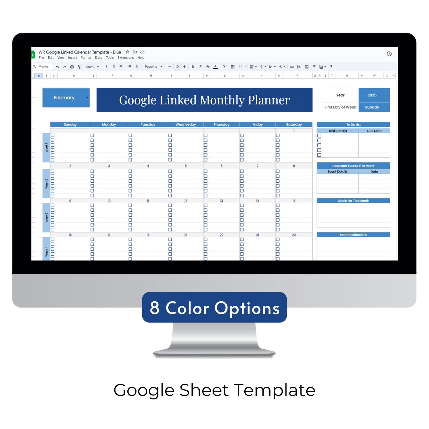 Google Linked Monthly Calendar Planner Spreadsheet Template