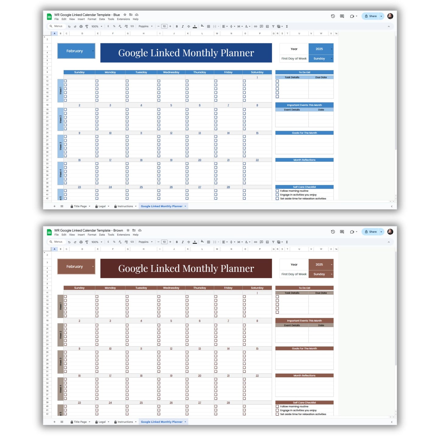 Google Linked Monthly Calendar Planner Spreadsheet Template