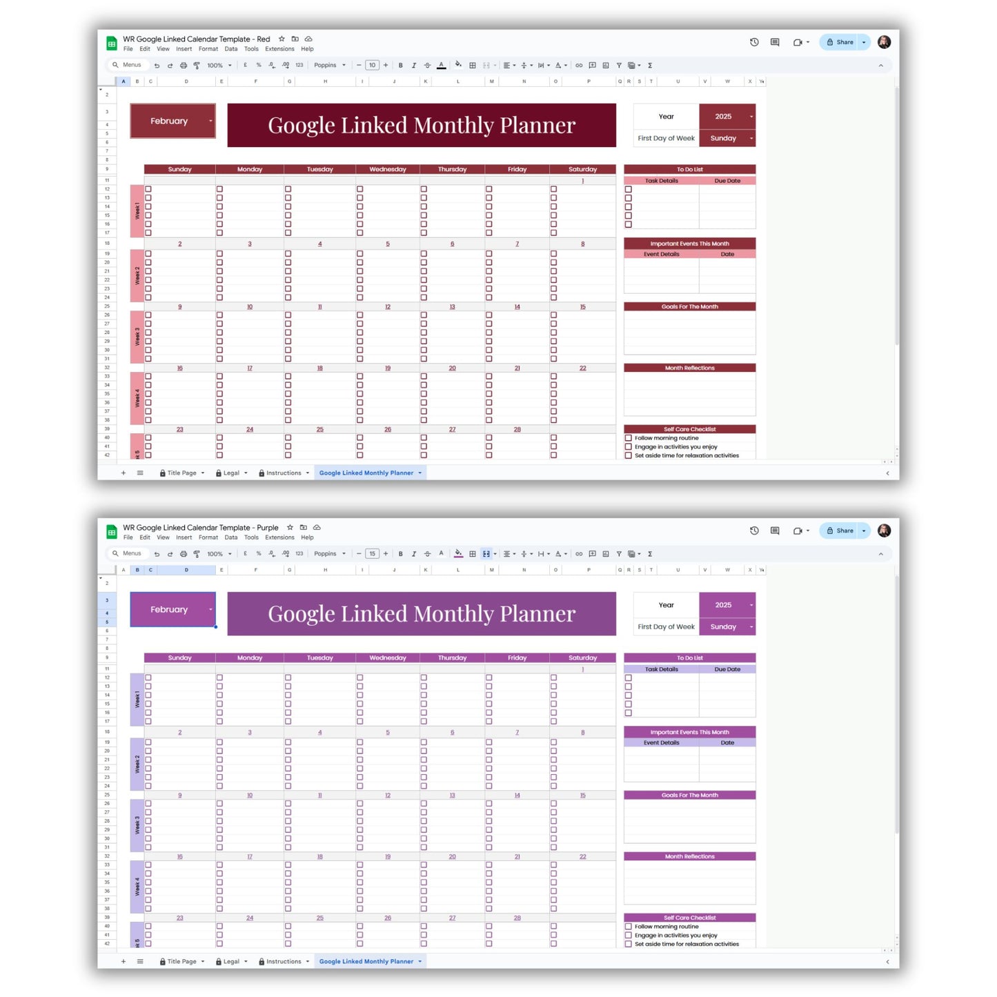 Google Linked Monthly Calendar Planner Spreadsheet Template