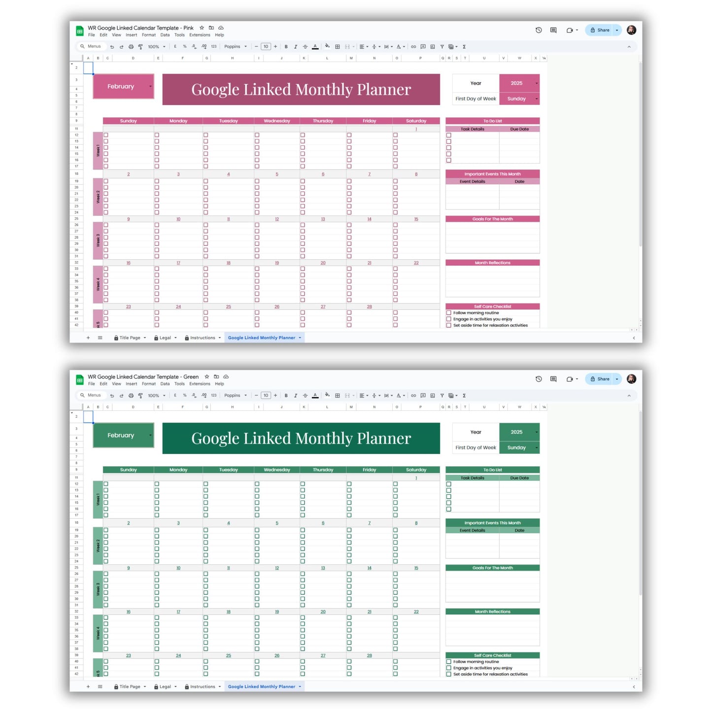 Google Linked Monthly Calendar Planner Spreadsheet Template