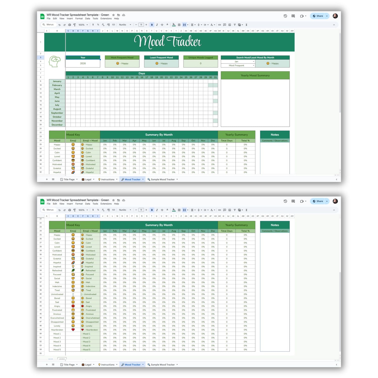 Mood Tracker Spreadsheet Template