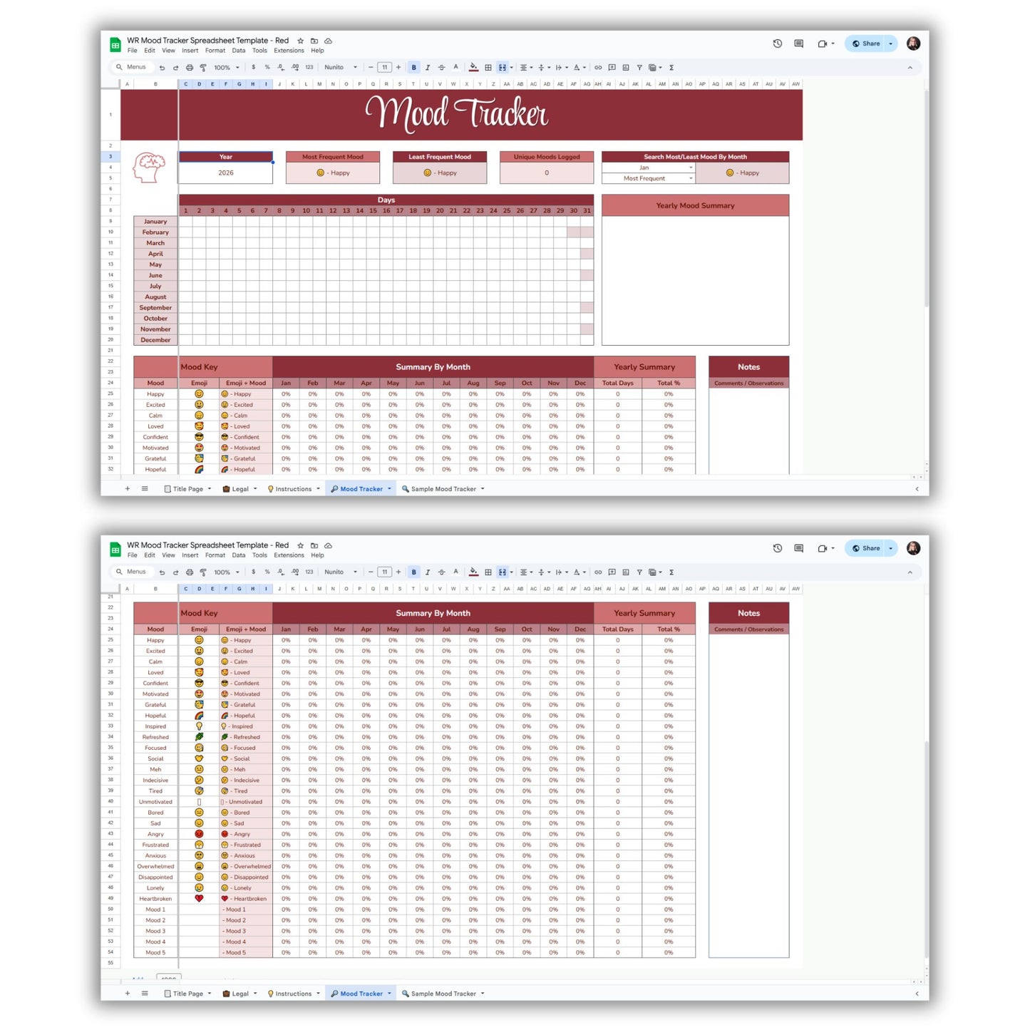 Mood Tracker Spreadsheet Template