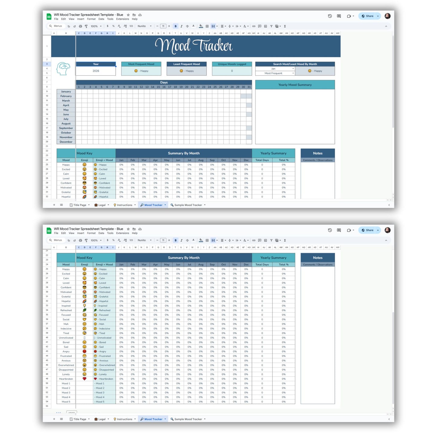 Mood Tracker Spreadsheet Template