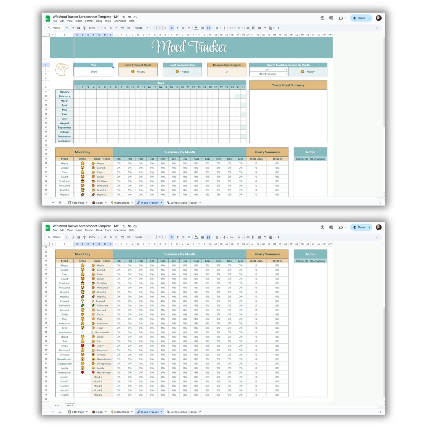 Mood Tracker Spreadsheet Template