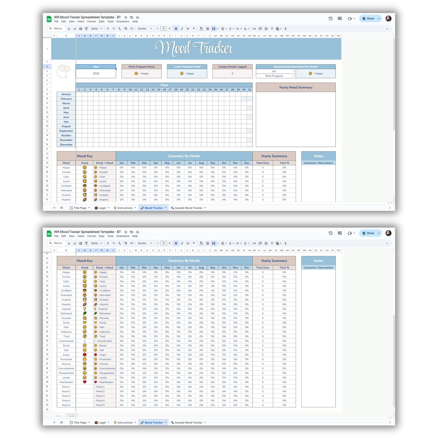 Mood Tracker Spreadsheet Template
