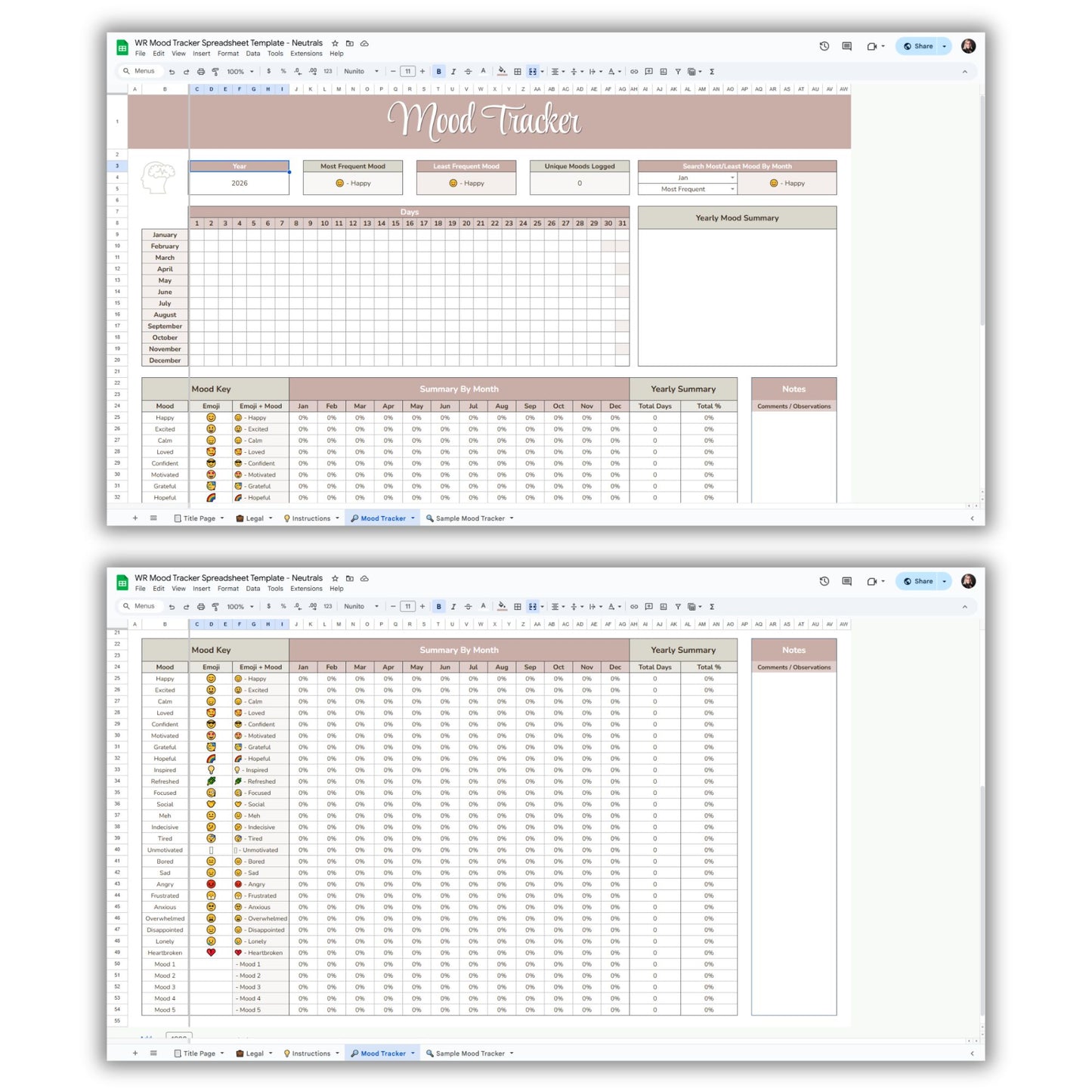 Mood Tracker Spreadsheet Template