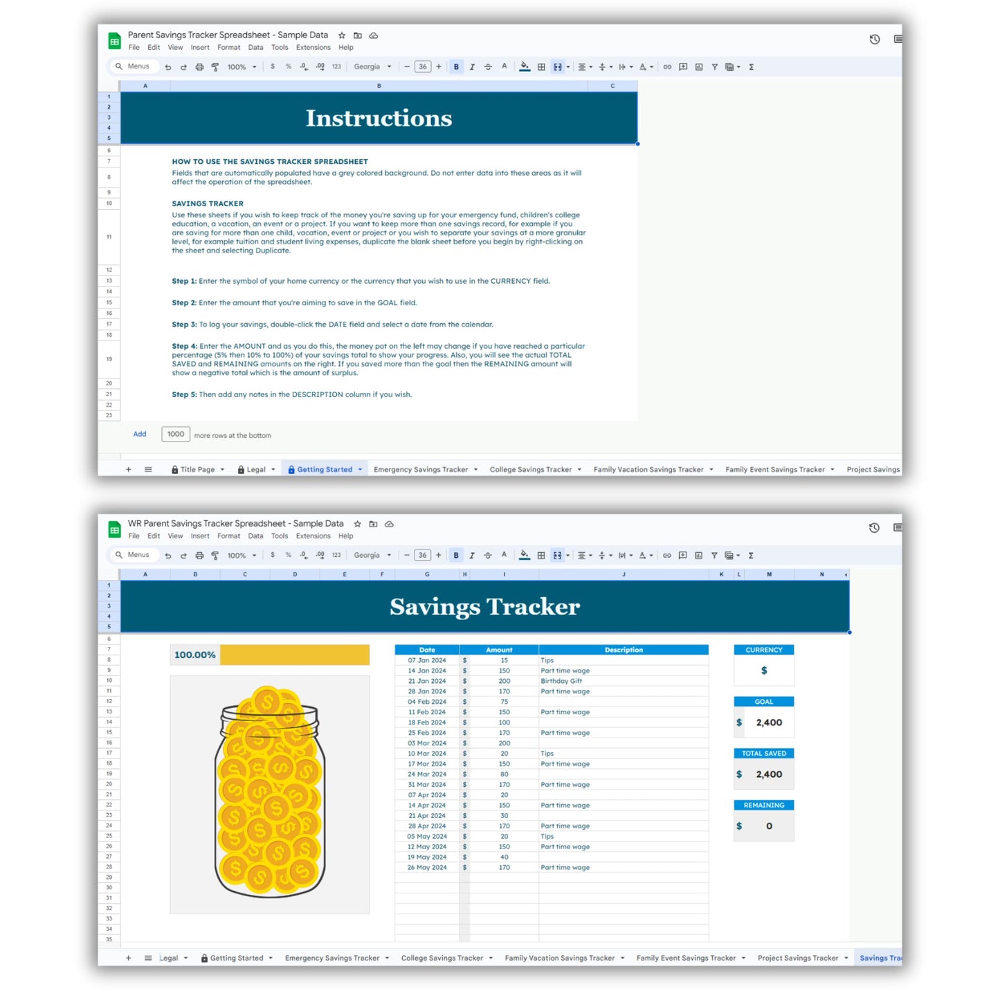 Parent Savings Tracker Spreadsheet Template