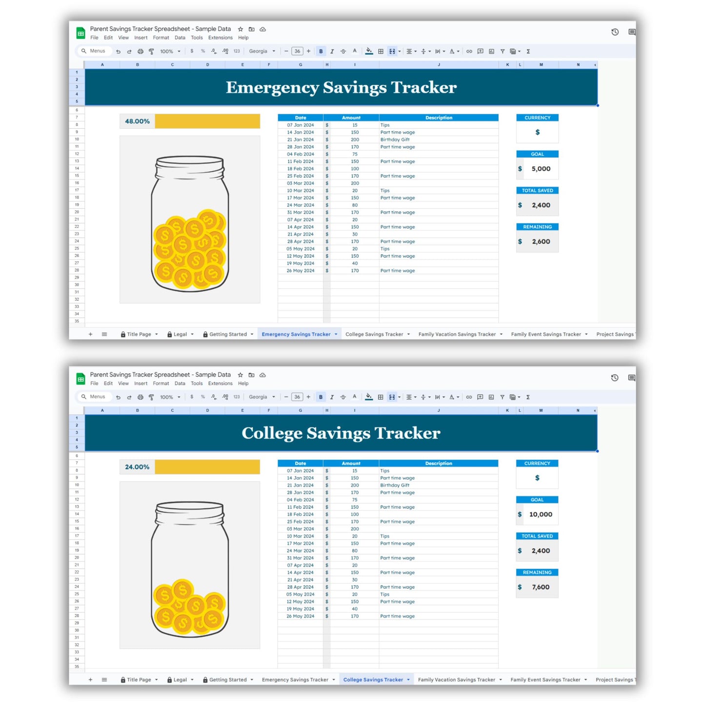 Parent Savings Tracker Spreadsheet Template