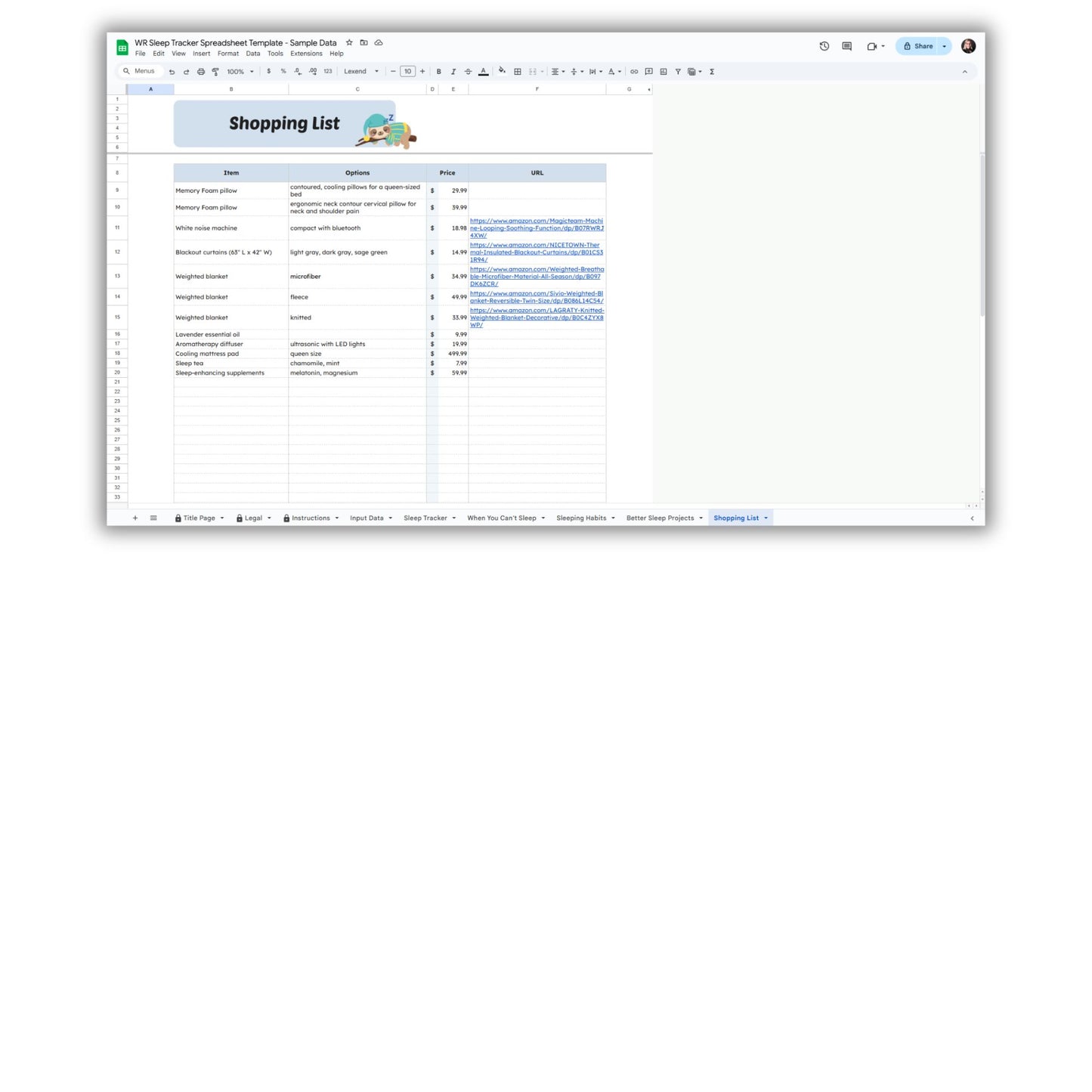 Sleep Tracker Spreadsheet Template