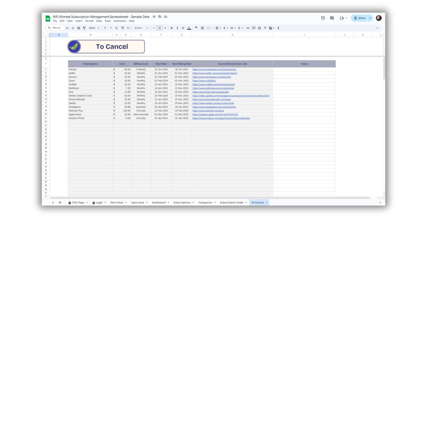 Ultimate Subscription Management Spreadsheet Template