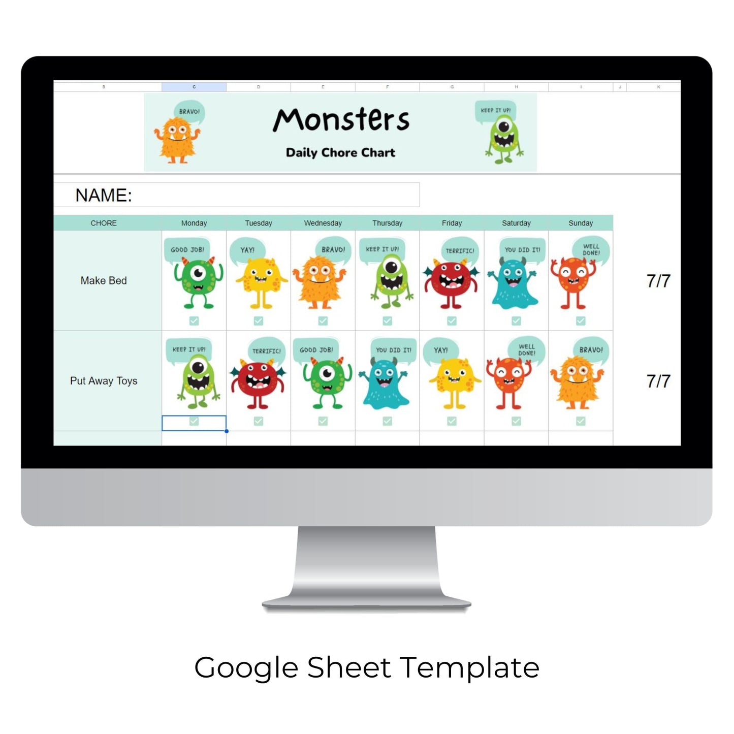 Weekly Monster Chore Chart Spreadsheet Templates For Kids