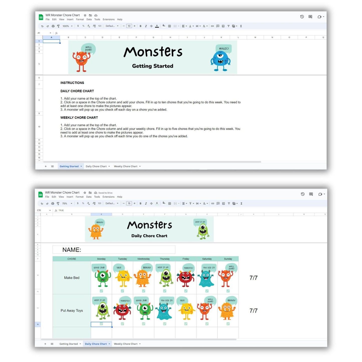 Weekly Monster Chore Chart Spreadsheet Templates For Kids