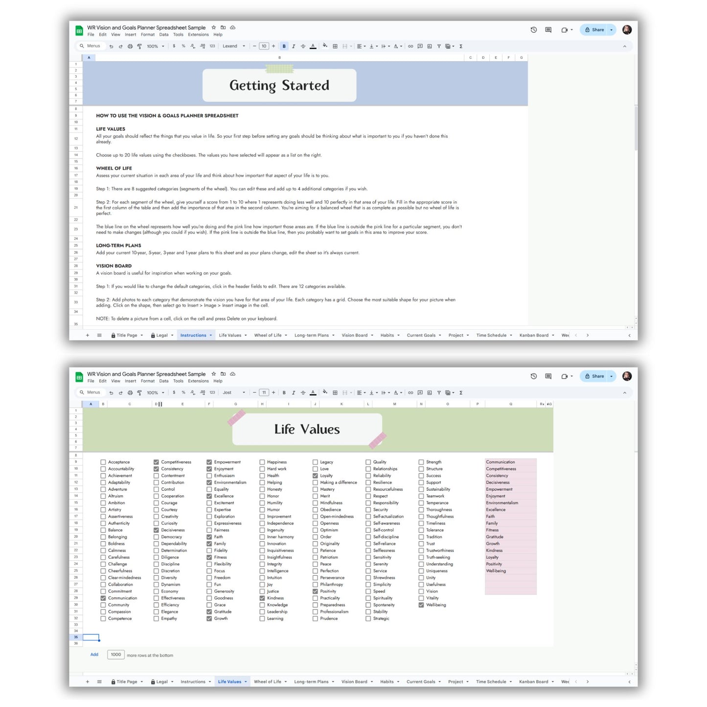 Vision and Goals Planner Spreadsheet Template