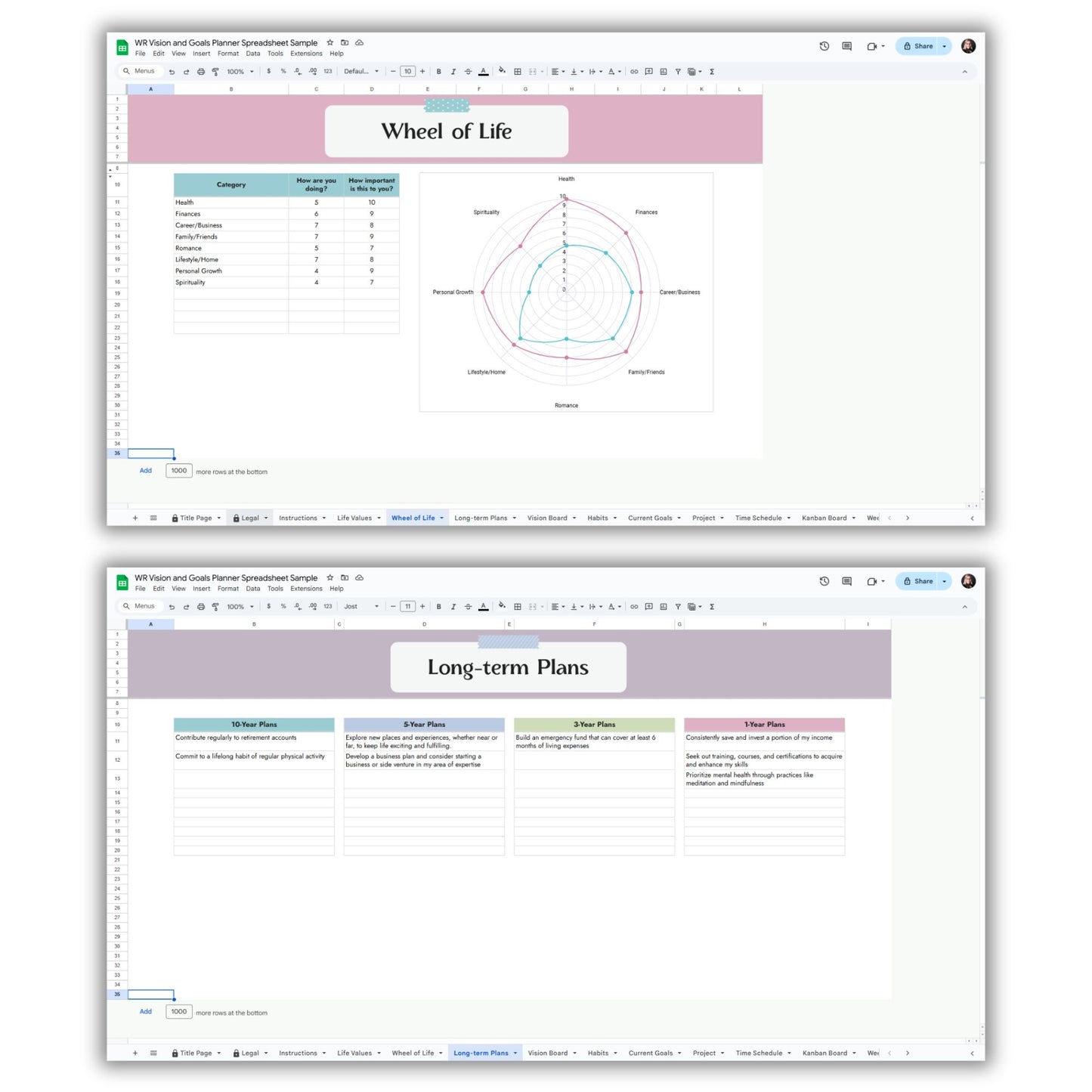 Vision and Goals Planner Spreadsheet Template