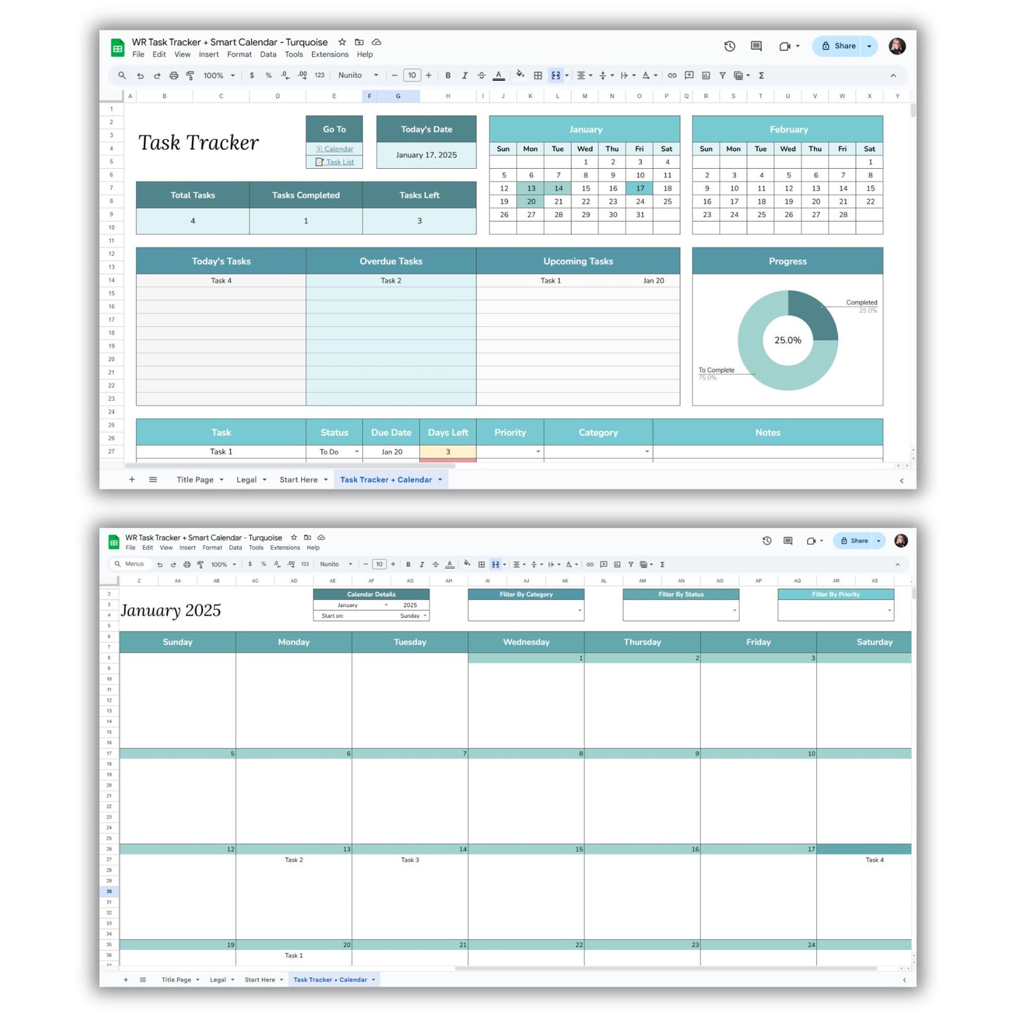 Task Tracker and Smart Calendar Spreadsheet Template