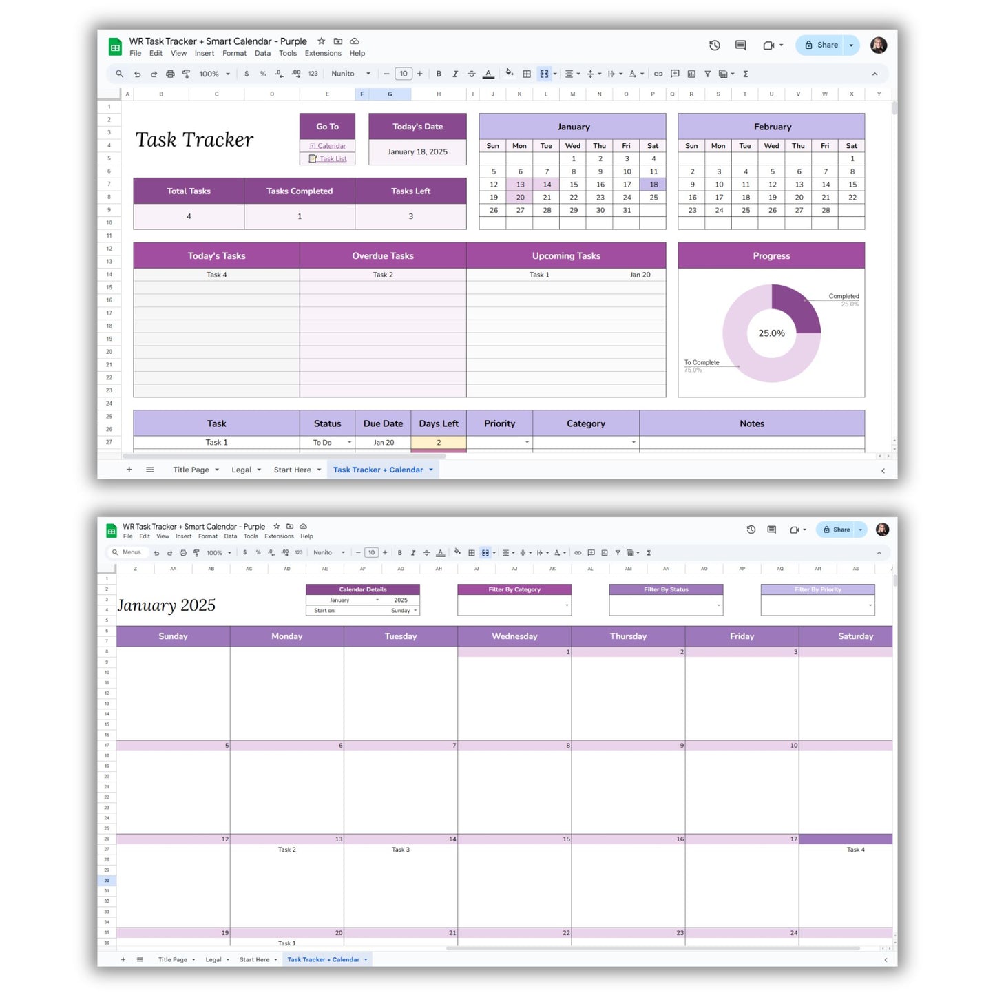 Task Tracker and Smart Calendar Spreadsheet Template