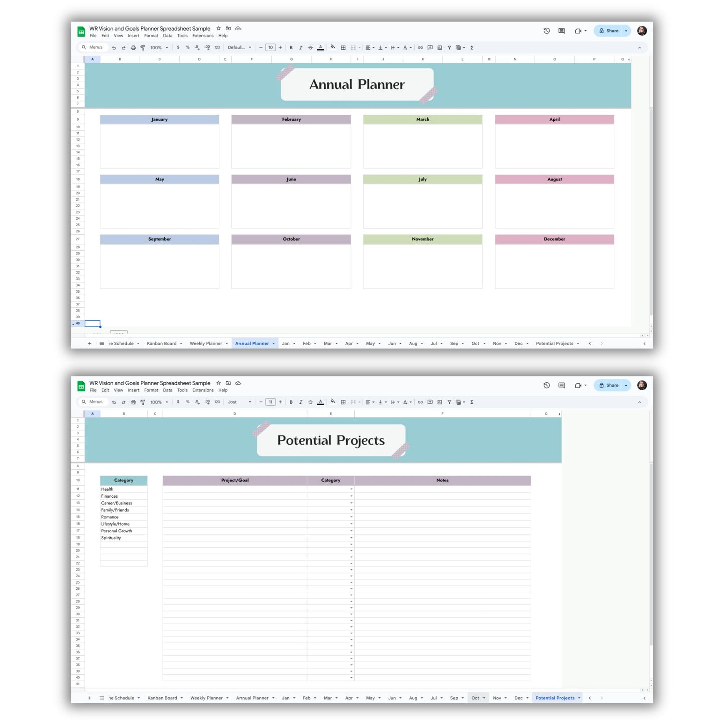 Vision and Goals Planner Spreadsheet Template