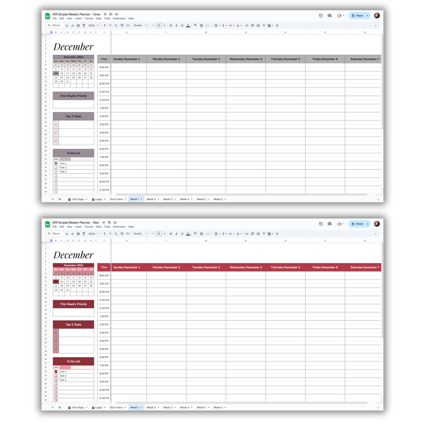 Simple Weekly Planner Spreadsheet Template
