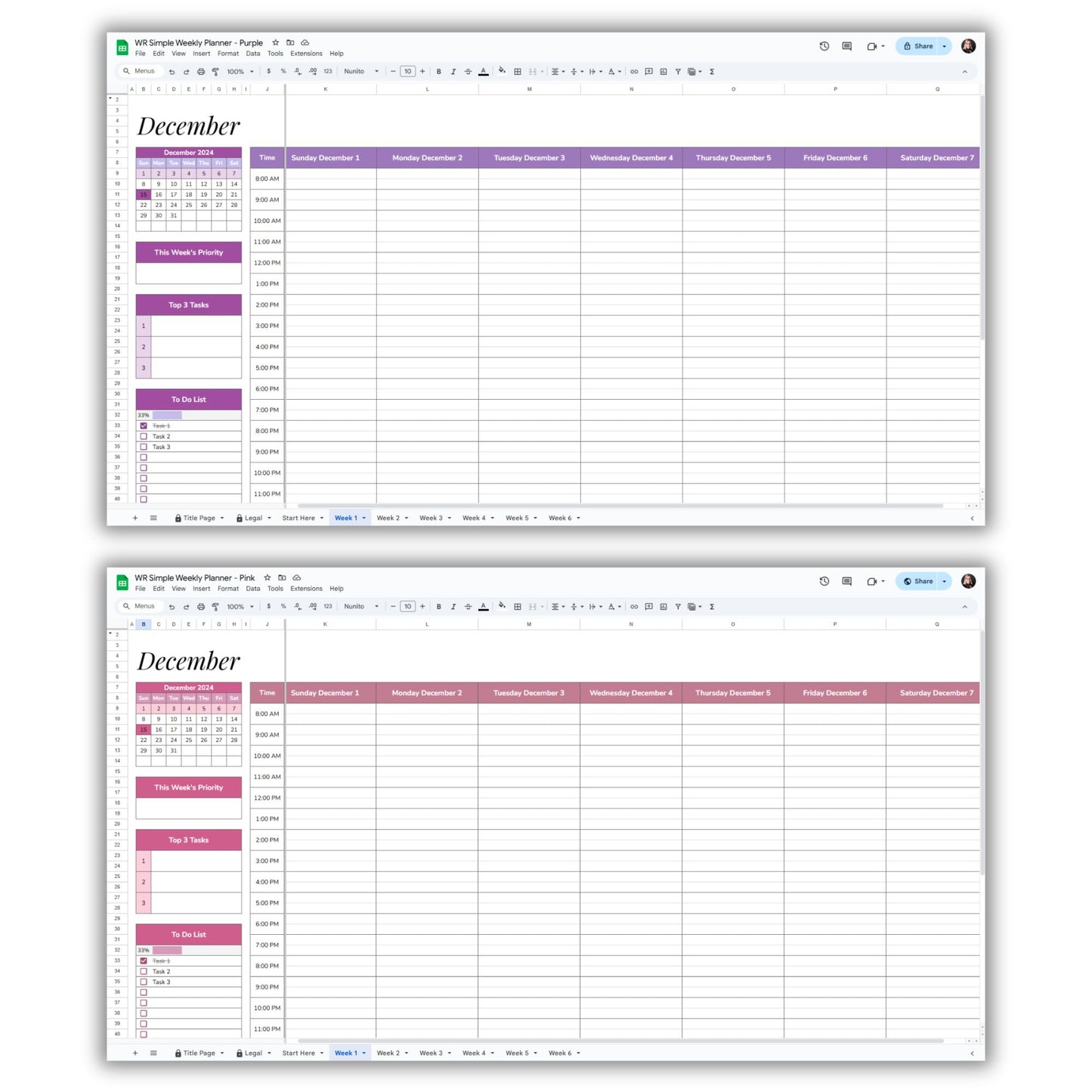 Simple Weekly Planner Spreadsheet Template