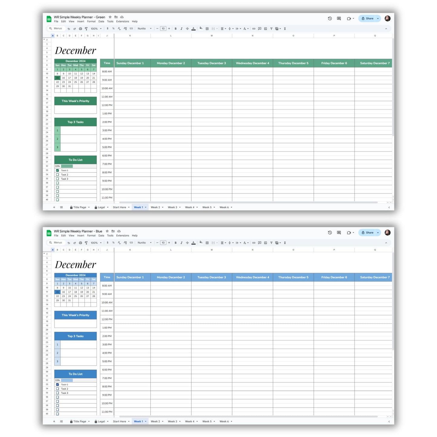 Simple Weekly Planner Spreadsheet Template
