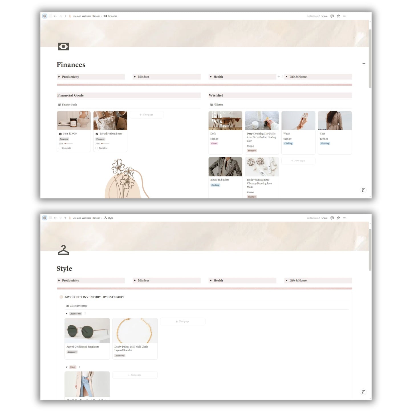 Life and Wellness Planner Template For Notion
