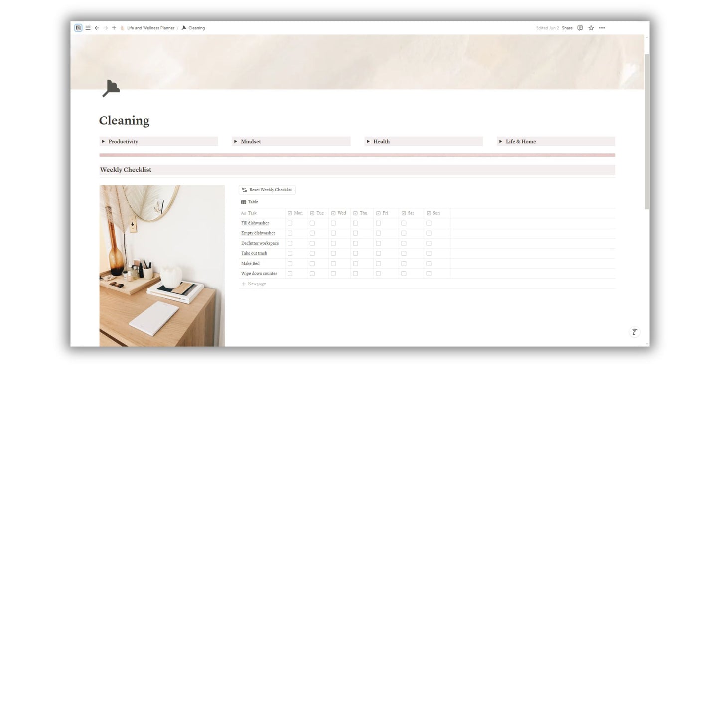 Life and Wellness Planner Template For Notion
