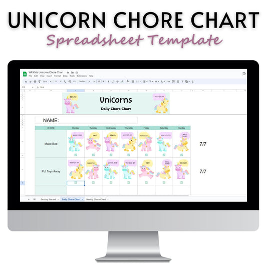 Weekly Unicorn Chore Chart Spreadsheet Template For Kids