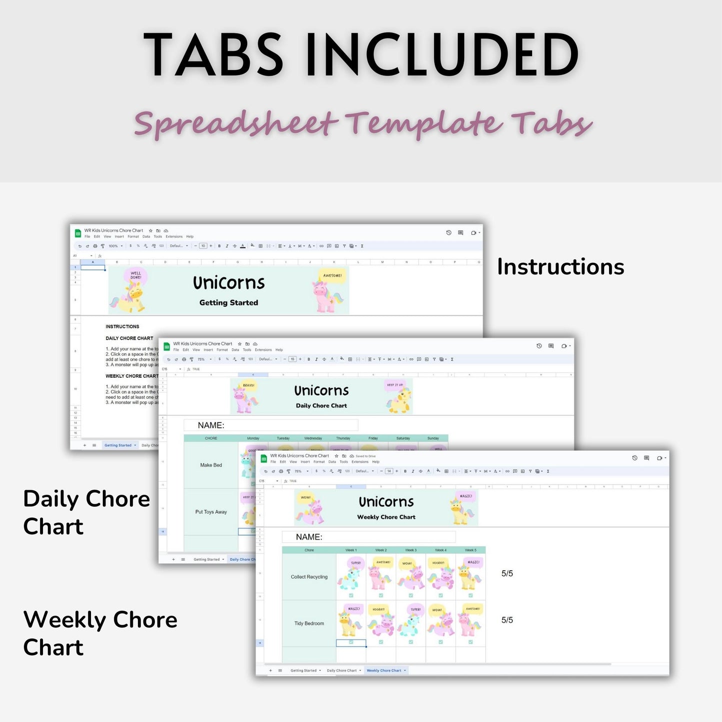 Weekly Unicorn Chore Chart Spreadsheet Template For Kids