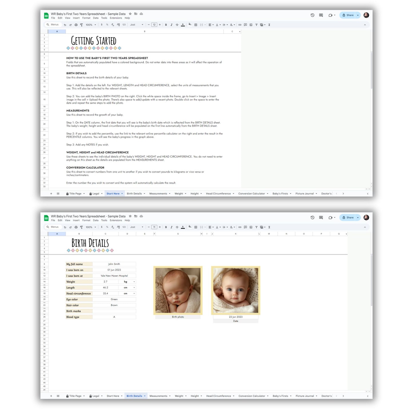 Baby's First Two Years Spreadsheet Template