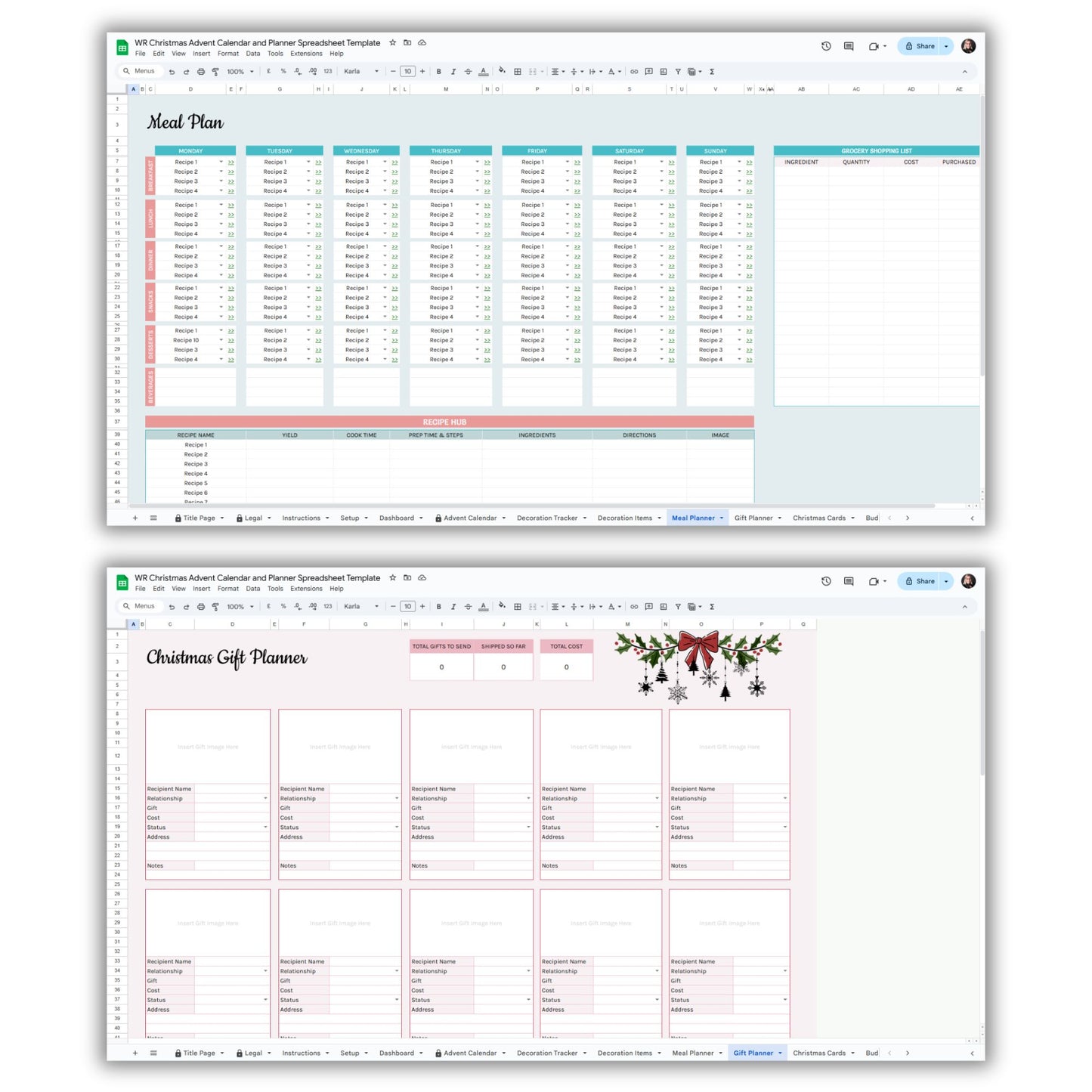 Christmas Advent Calendar and Planner Spreadsheet Template
