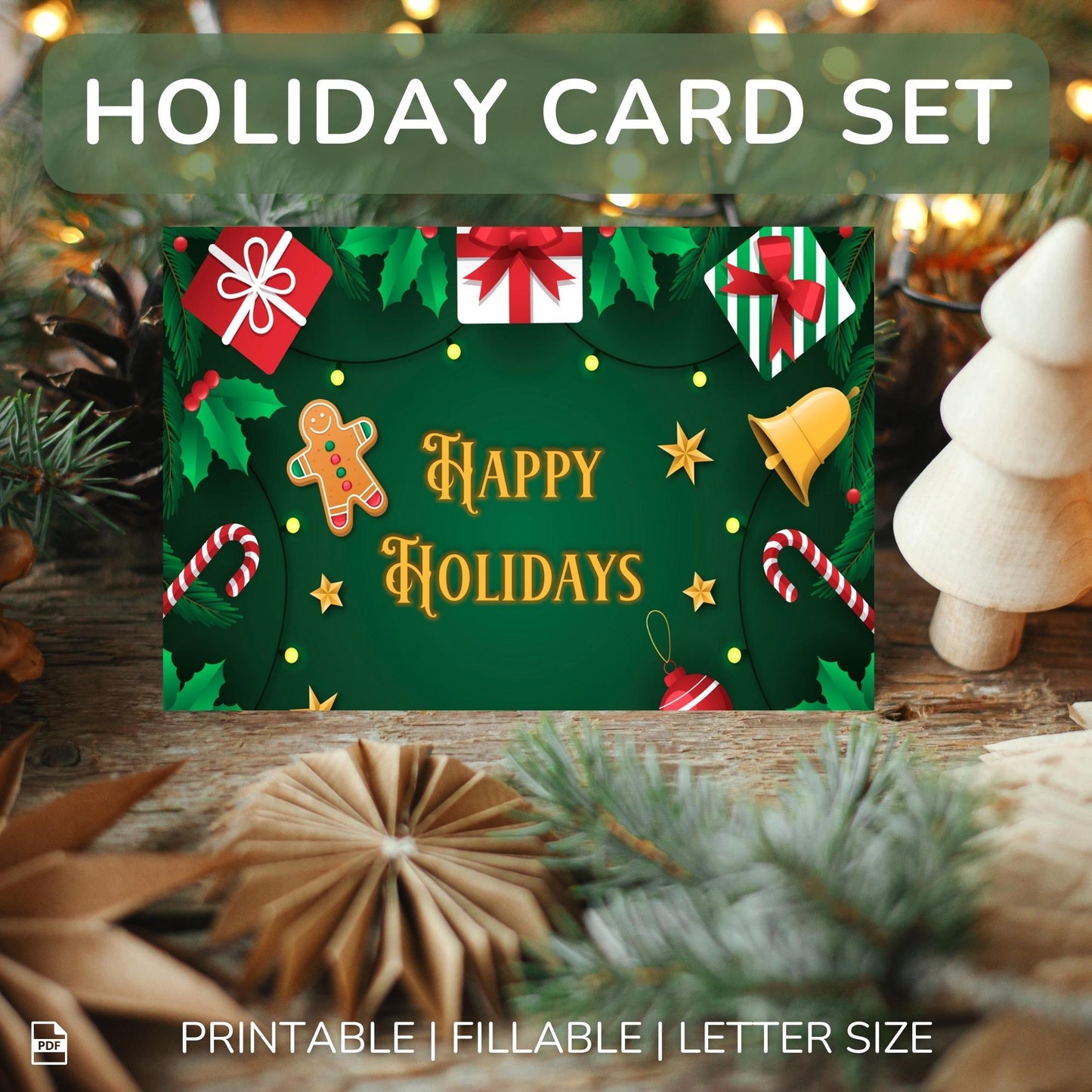 Printable Holiday Card Set - Green Festive