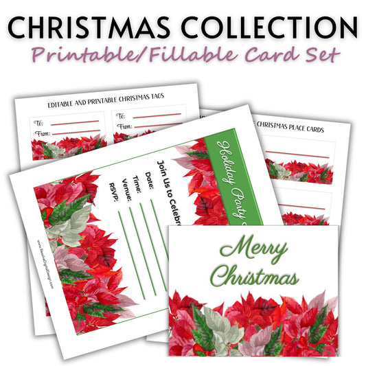 Printable Holiday Card Set - Poinsettias