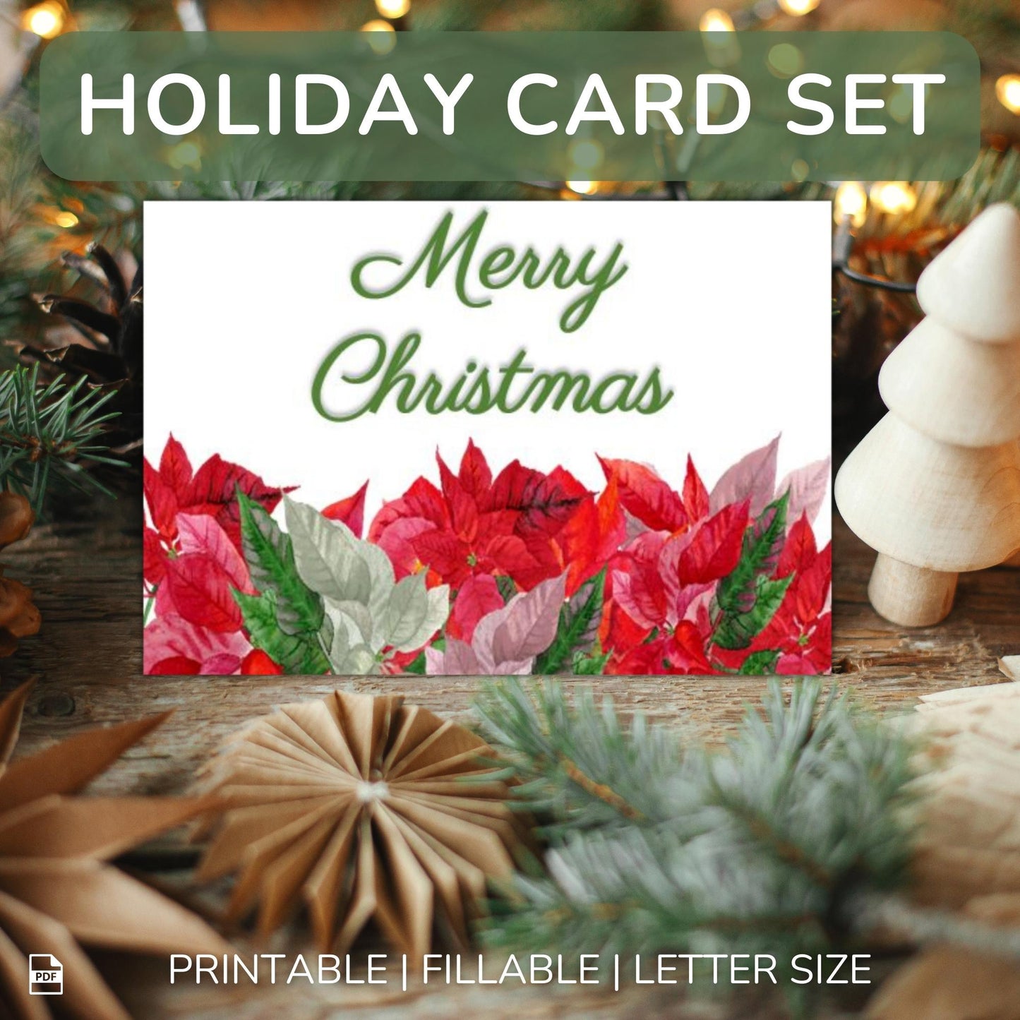 Printable Holiday Card Set - Poinsettias