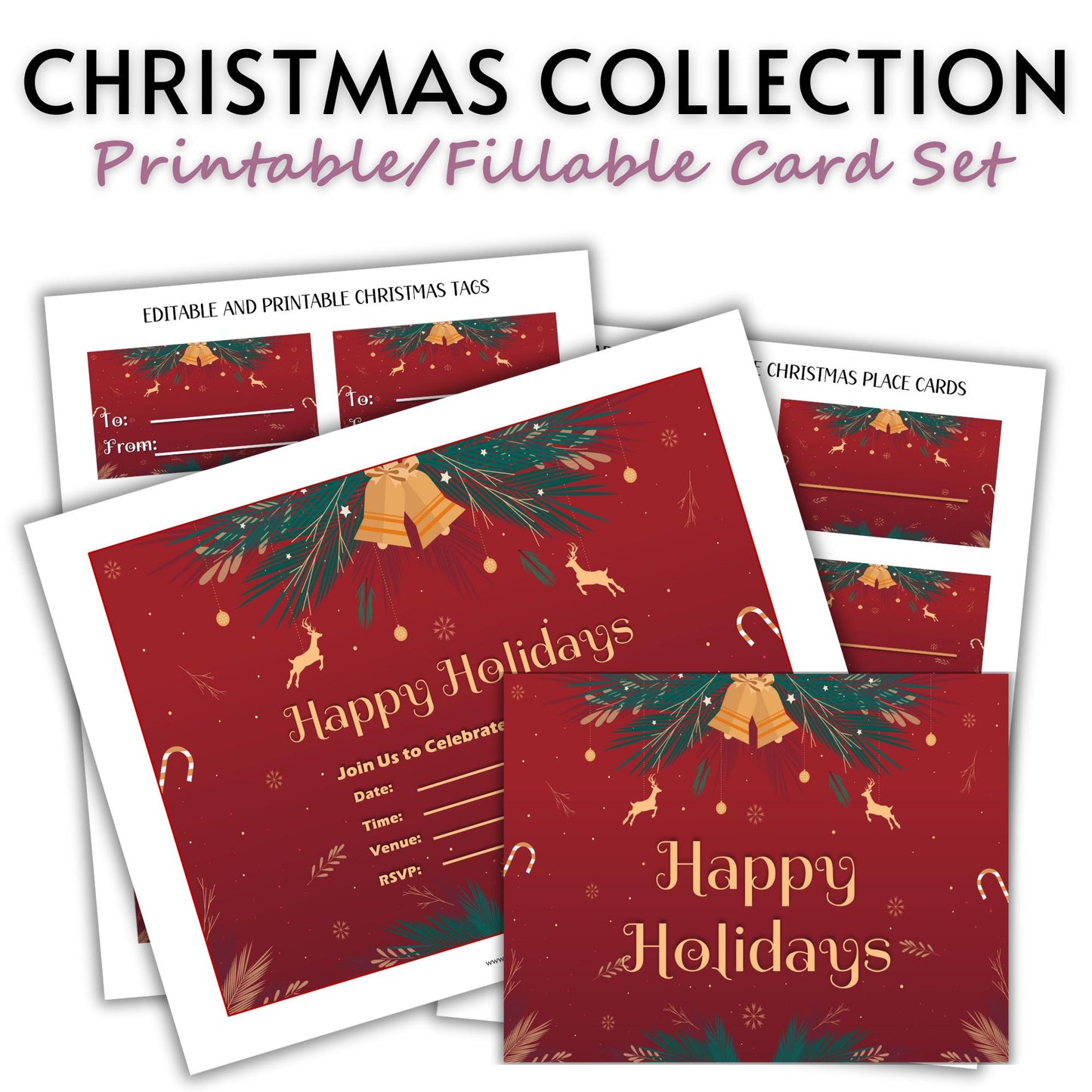 Printable Holiday Card Set - Red Festive