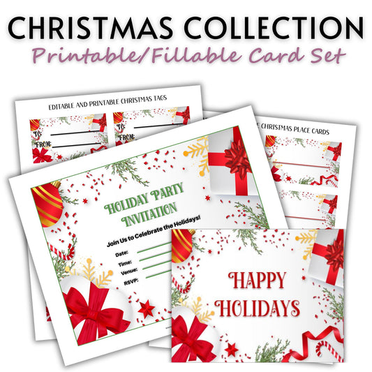 Printable Holiday Card Set - Red White Festive
