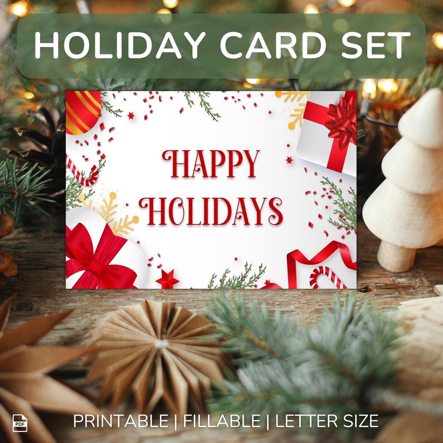 Printable Holiday Card Set - Red White Festive