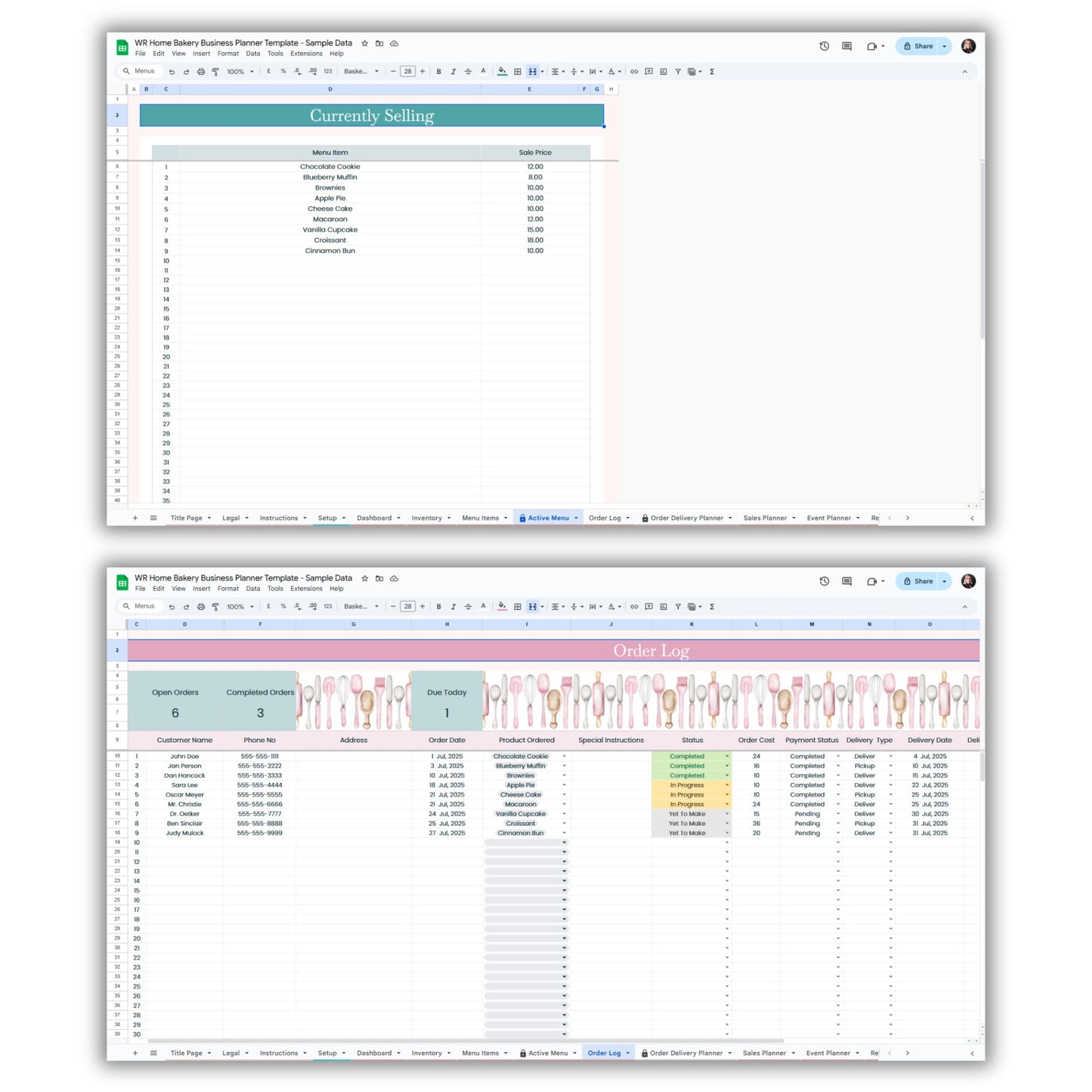 Home Bakery Business Planner Spreadsheet Template