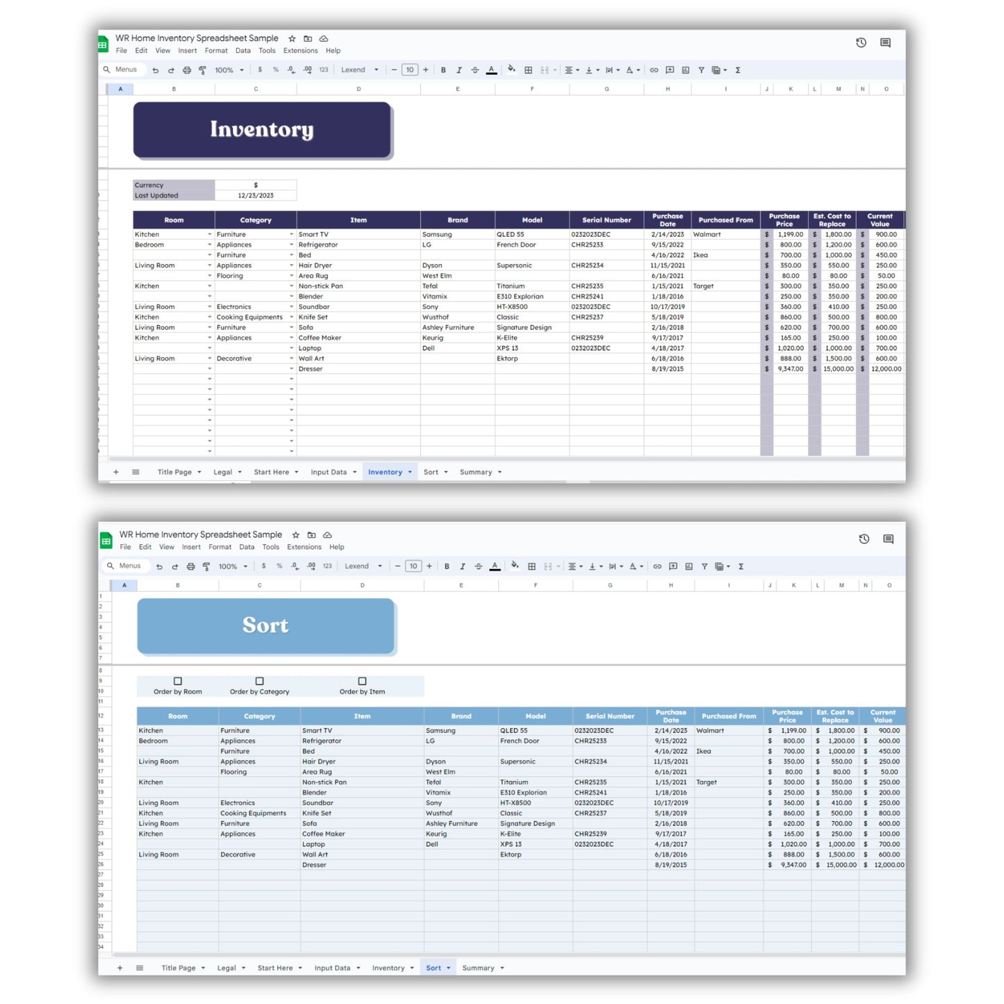 Home Inventory Spreadsheet Template