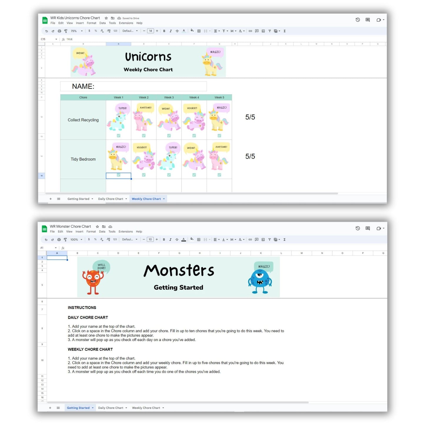 Weekly Chore Chart Spreadsheet Templates For Kids Pak
